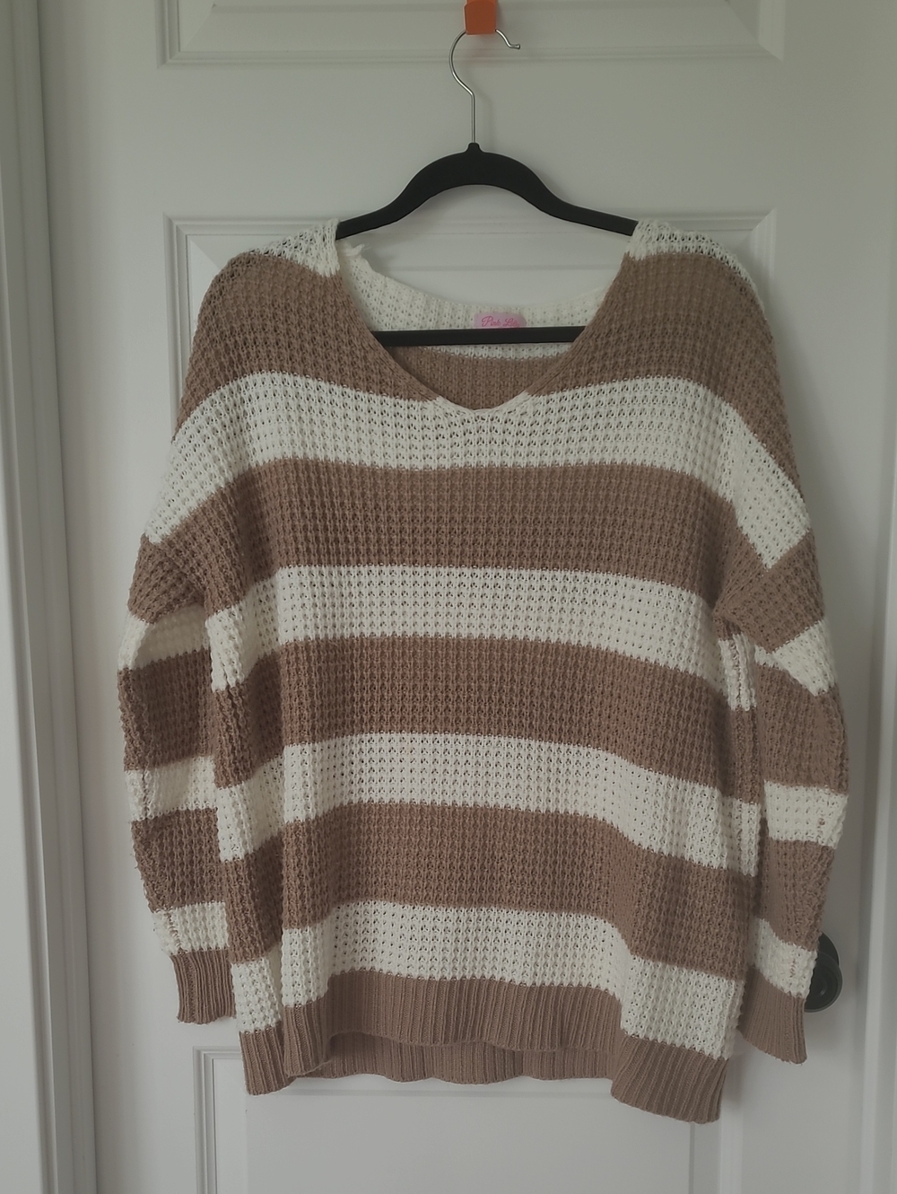 Pink Lily Oversized Striped Scoop Neck Sweater in Beige and White Medium